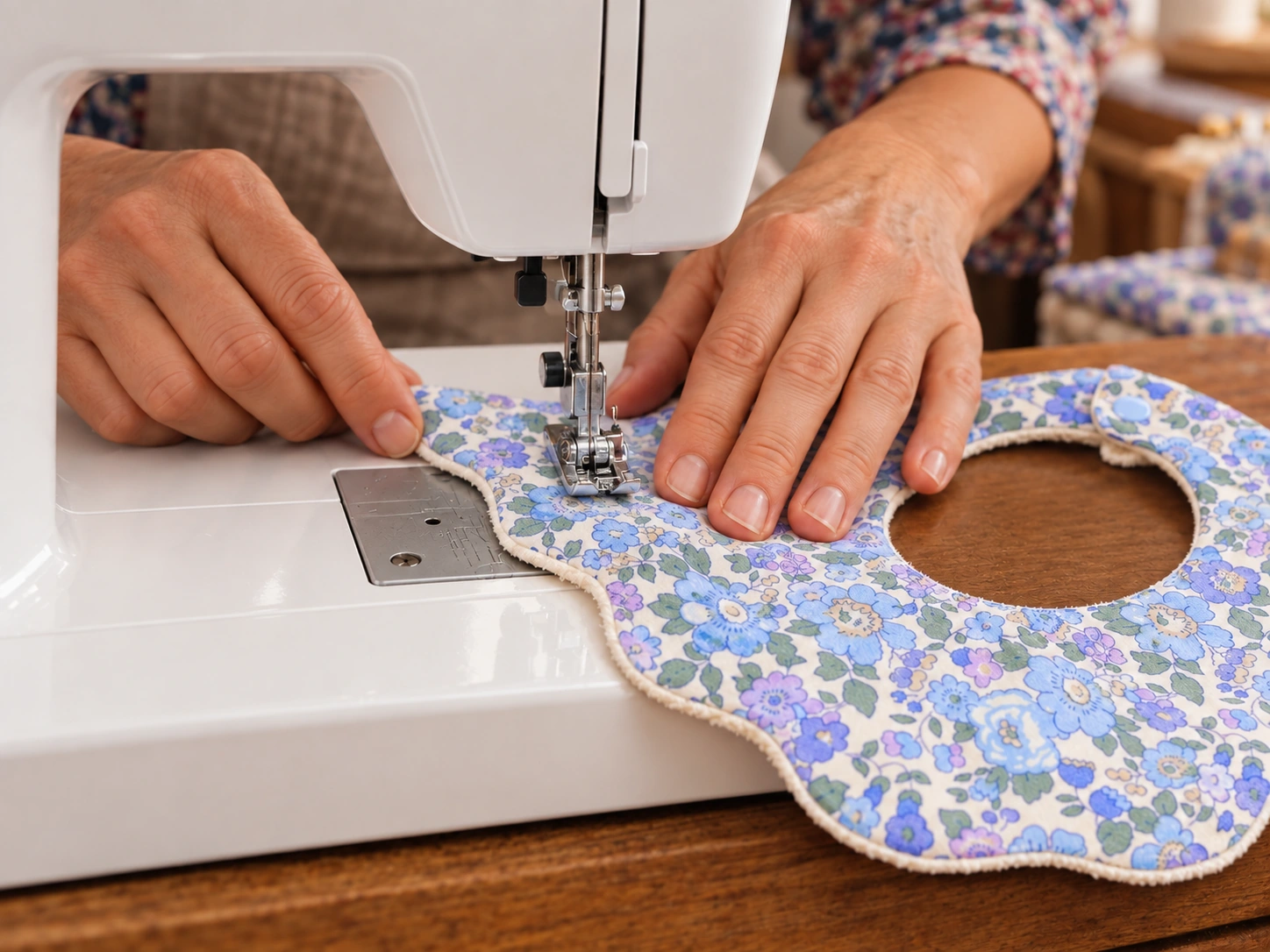 Tailor sewing a Bluebell floral cotton bib on a modern white sewing machine