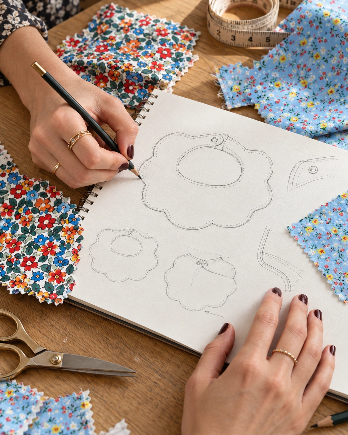 Hands sketching scalloped bib designs beside floral cotton fabric swatches