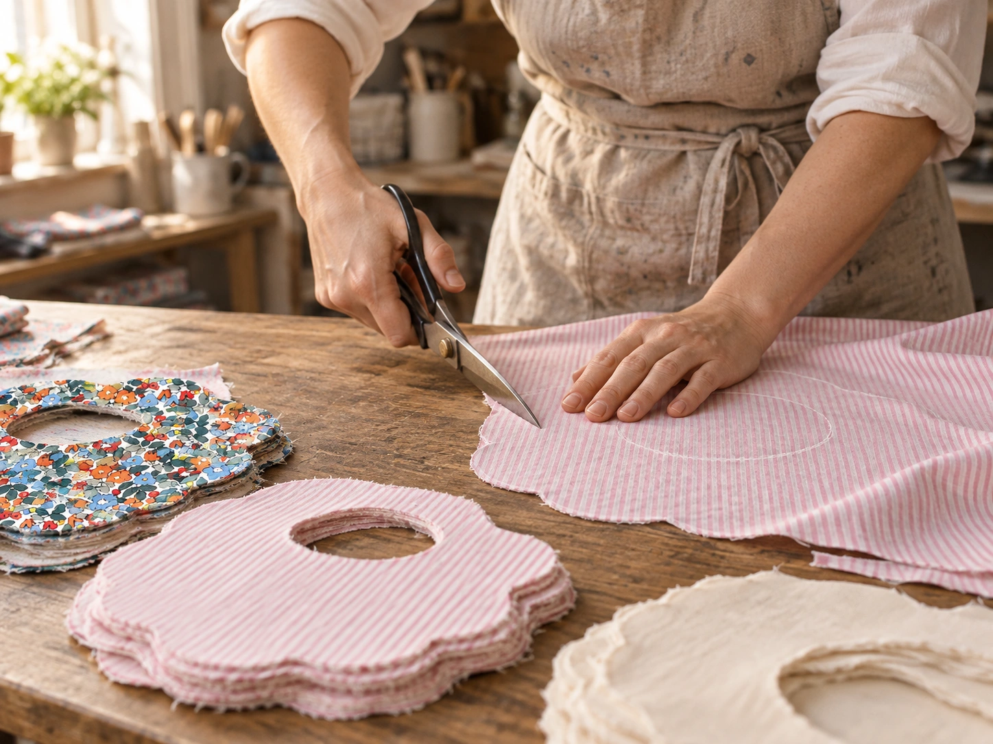 Tailor cutting Chloe pink striped cotton bib fabric