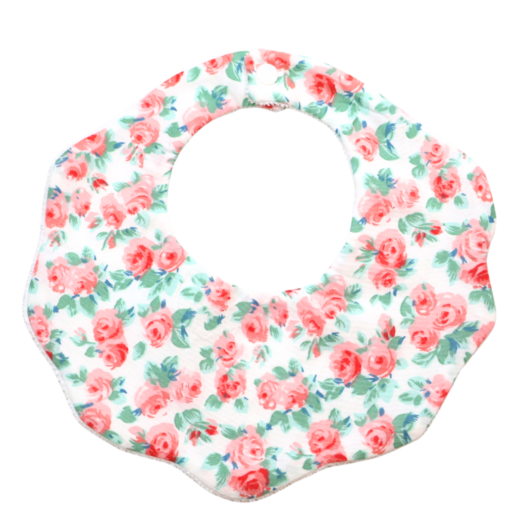 Dahlia pink floral cotton baby bib by Rudy & Co