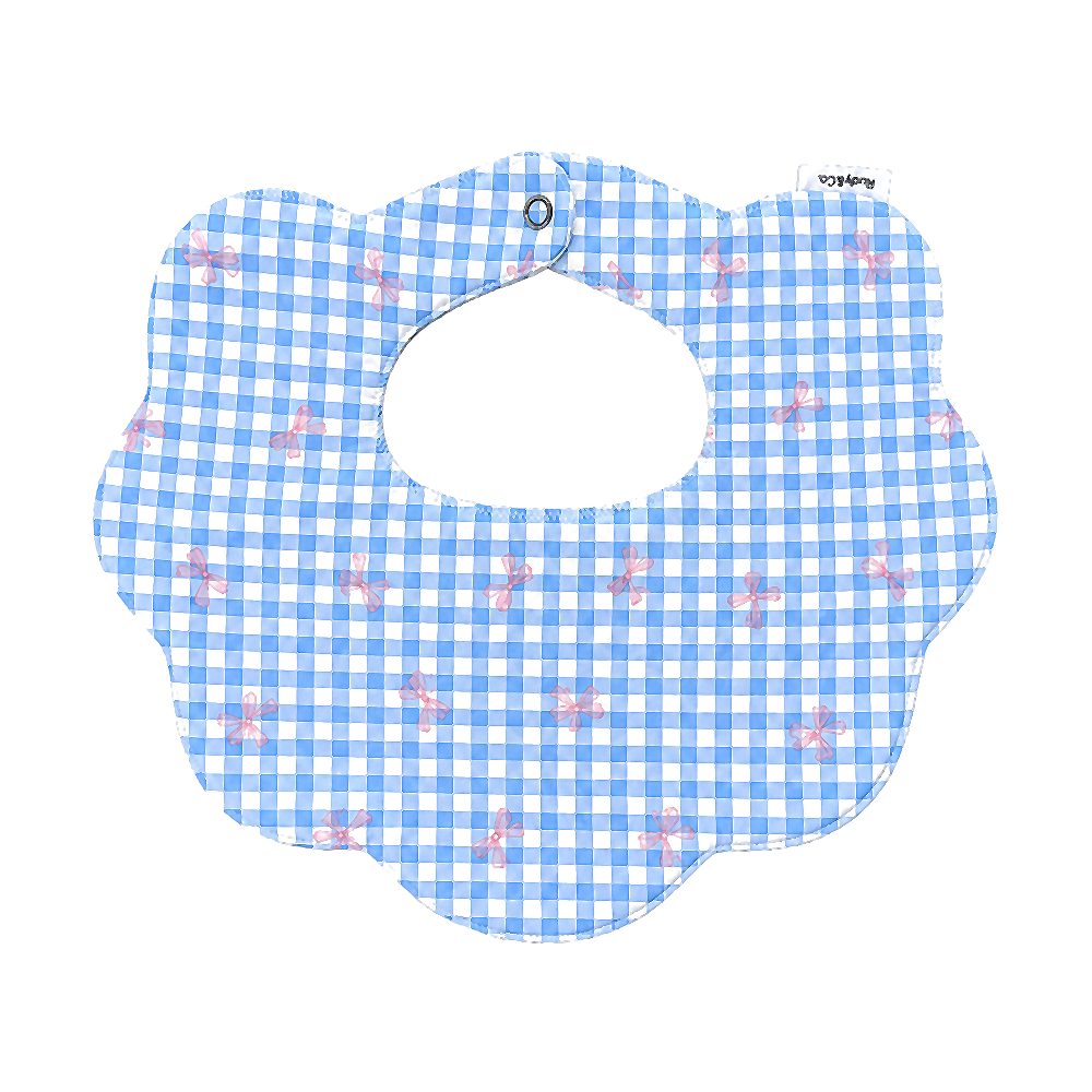 Juliet blue gingham bow scalloped cotton baby bib by Rudy & Co
