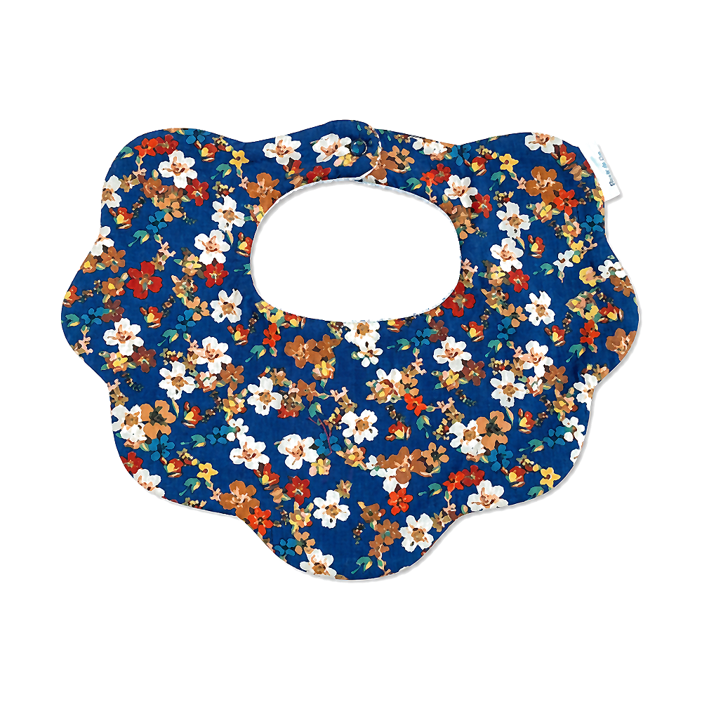 Leo deep blue floral scalloped cotton baby bib by Rudy & Co