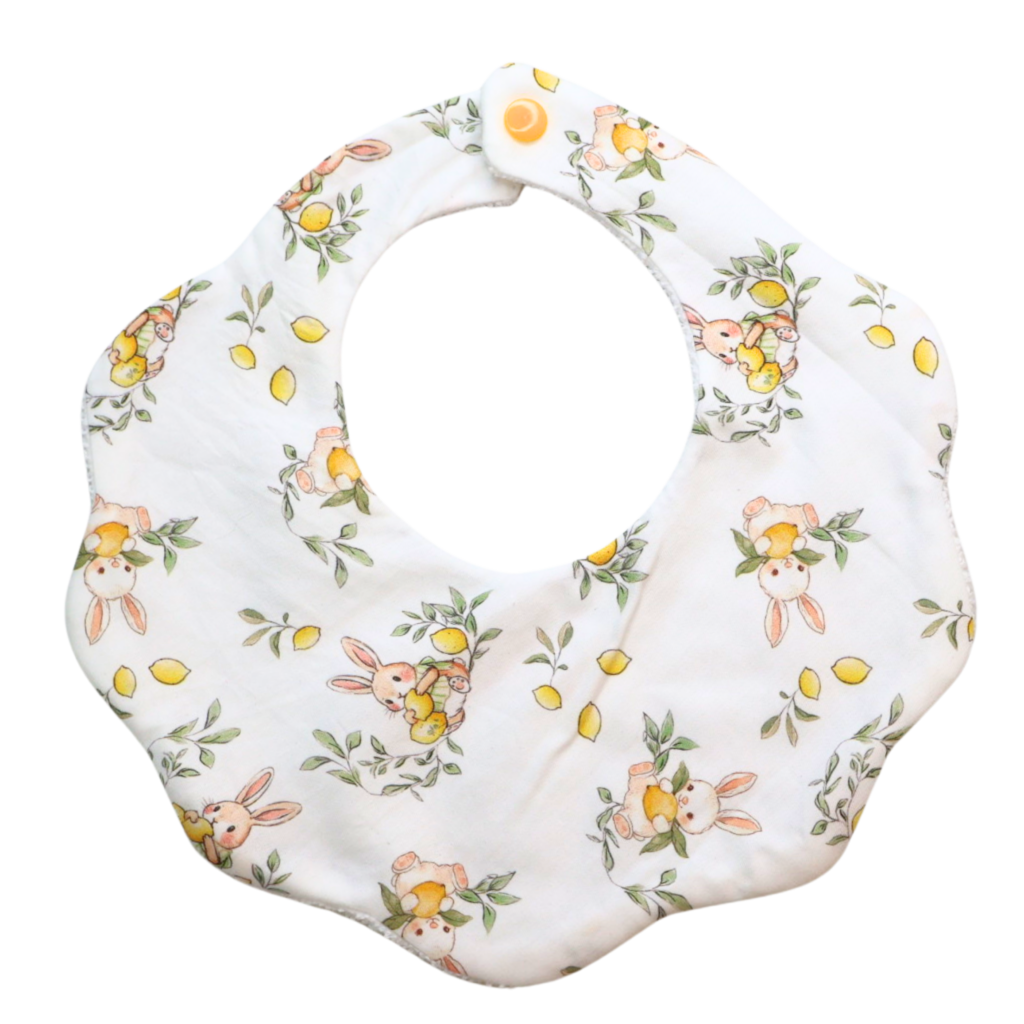 Poppy bunny and lemon cotton baby bib by Rudy & Co