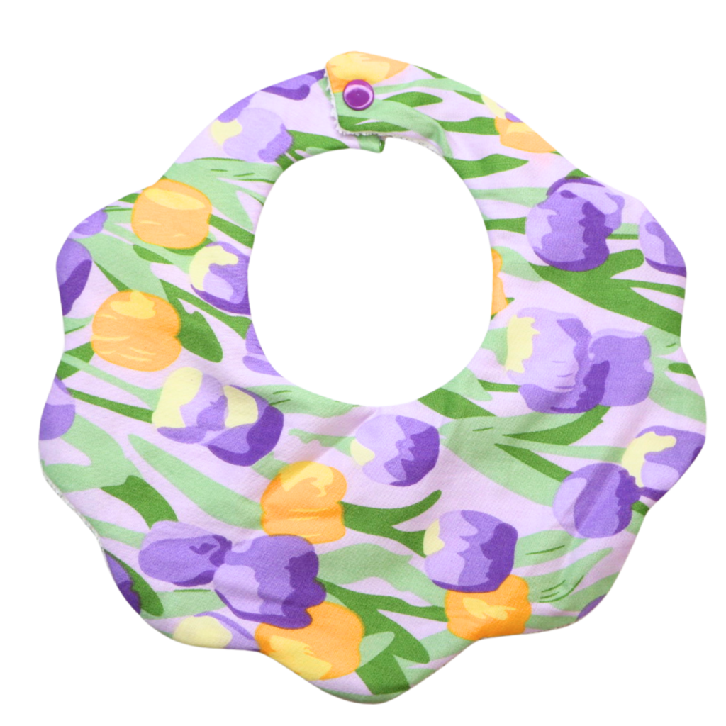 Tulip purple and yellow floral cotton baby bib by Rudy & Co